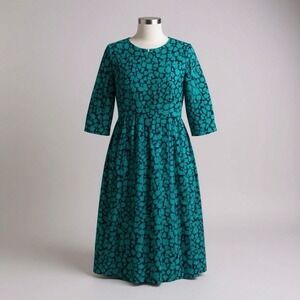 Vintage Lanz Midi Fit & Flare Dress 12 Green Floral Romantic Flirty Coquette